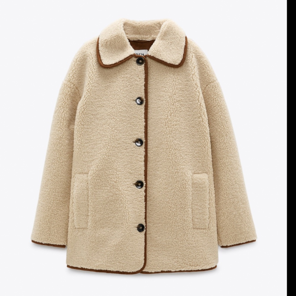 NWT Zara FLEECE COAT Teddy Long Jacket Outerwear Top XS Beige brown 0086/086/710